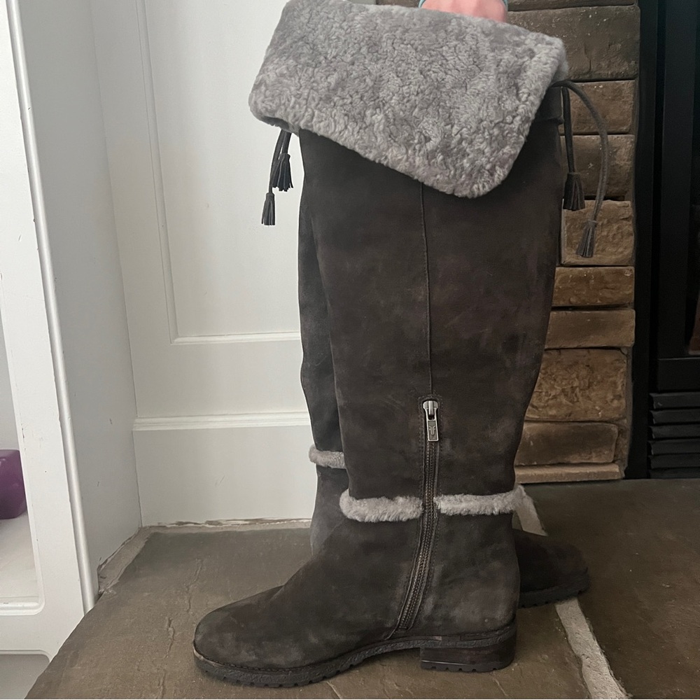 Frye Women's Tamara 7.5 Gray Genuine Shearling Suede Over The Knee Snow Boots - Picture 4 of 6